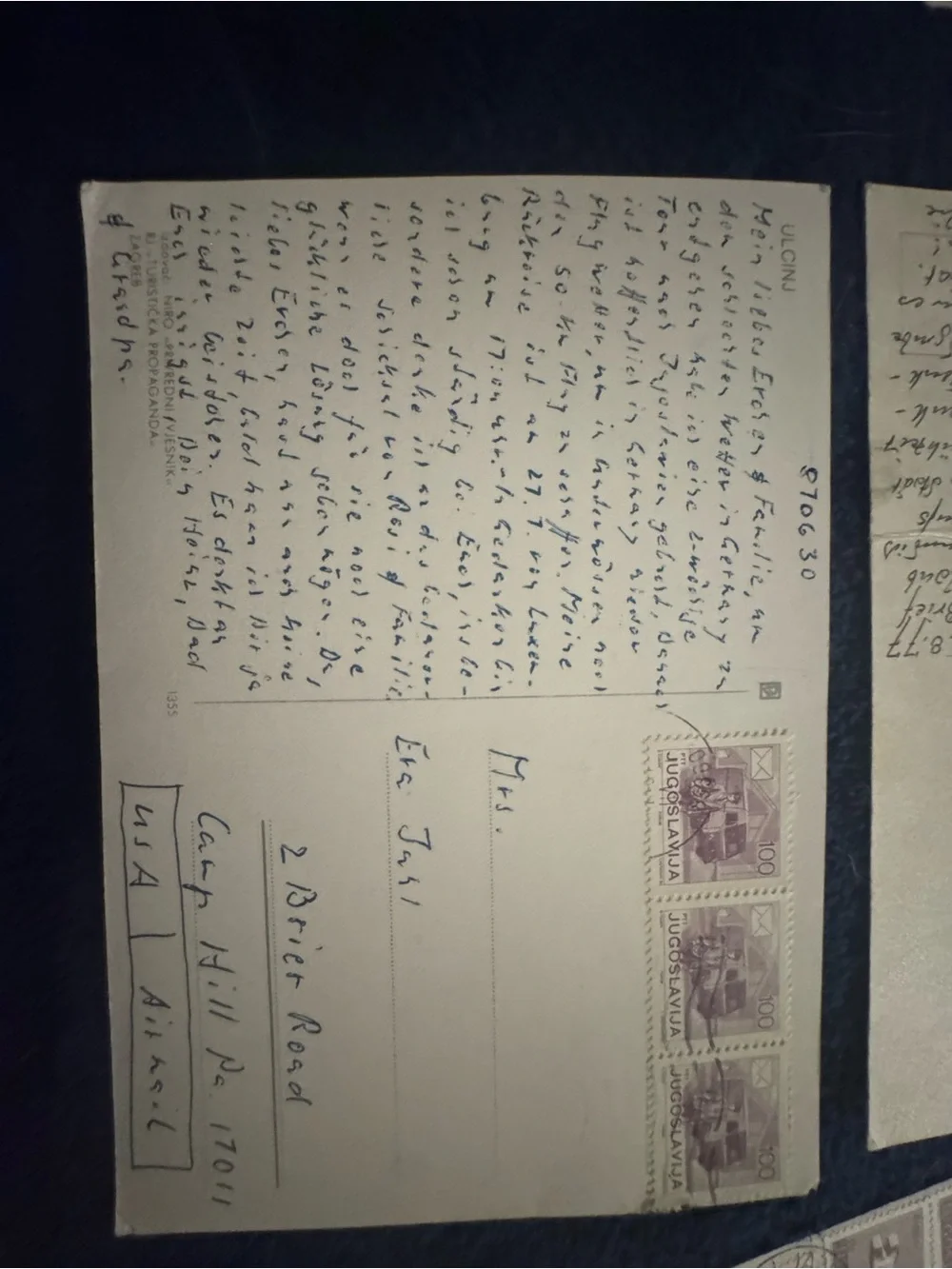 Vintage Postcard Lot - Blue Coastal Scenes Yugoslavia stamps. Written in German